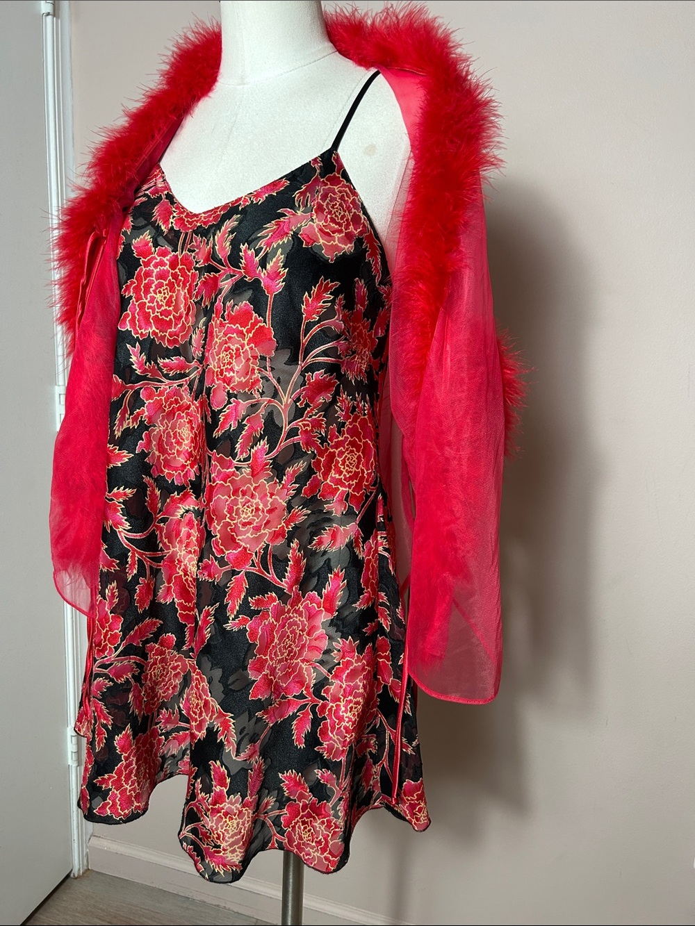 VTG Victoria’s Secret semi-sheer gold label slip with VTG Cinema Fluffy Robe